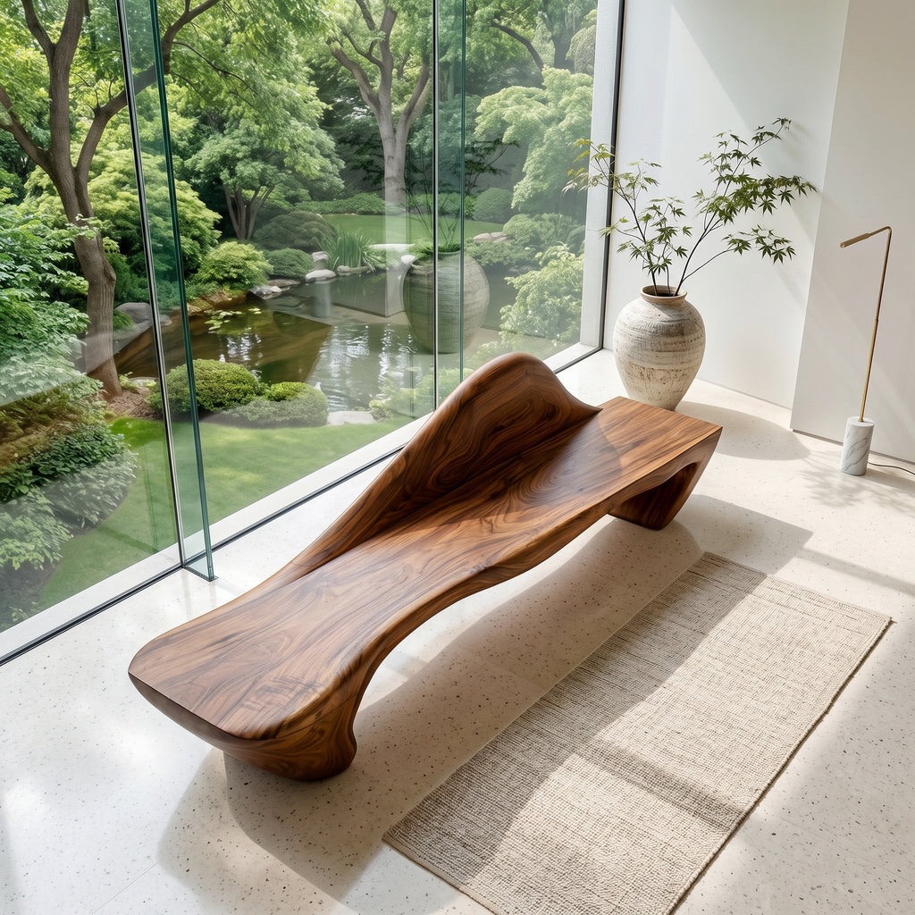 Flowing Curved Wood Entry Bench With Raised Back, 47 To 73 Inch