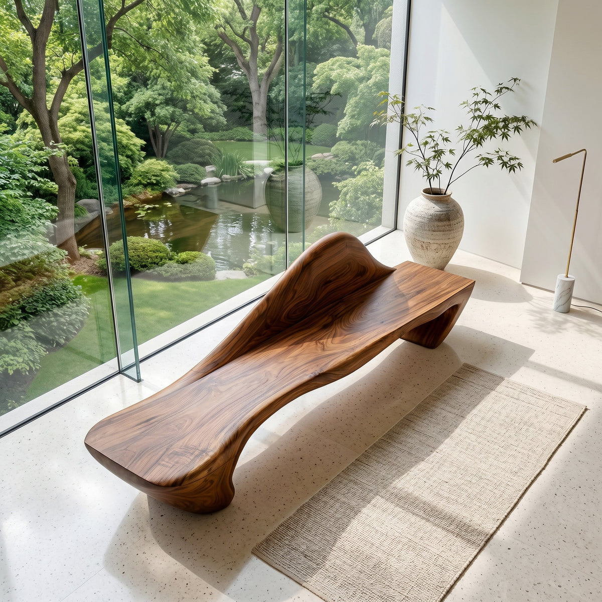 Flowing Curved Wood Entry Bench With Raised Back, 47 To 73 Inch