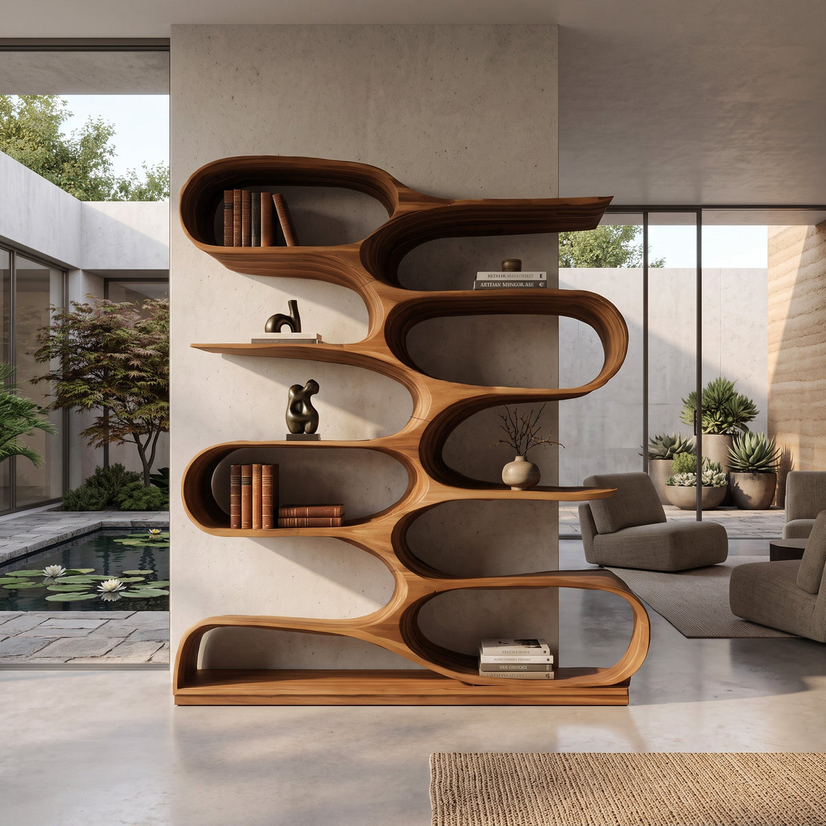 Wavy Tiered Wood Bookcase for Living Room or Study, 47 to 80 in Tall