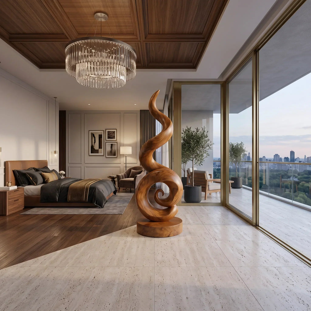 Coastal Spiral Wood Sculpture For Luxury Poolside Patio Decor