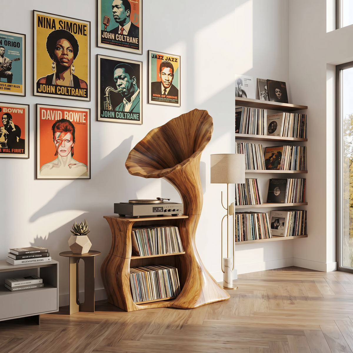 Tall Hardwood Vinyl Record Cabinet with Open Cubbies, 60 to 68 in