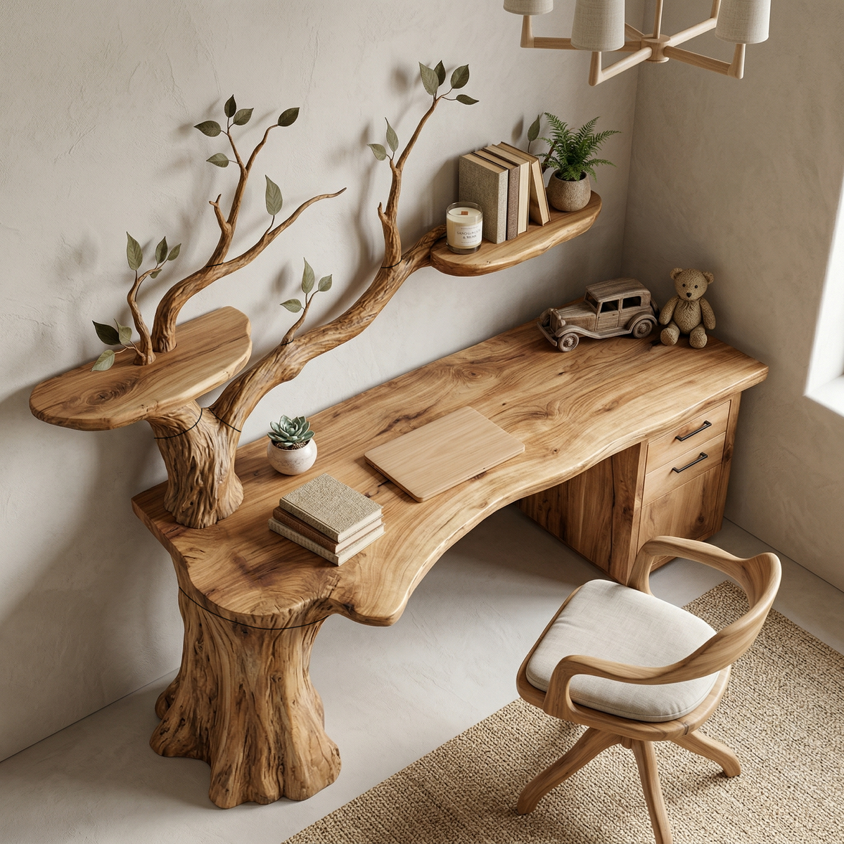 Tree Desk with Floating Shelf, Sculptural Branch Solid Wood Workspace