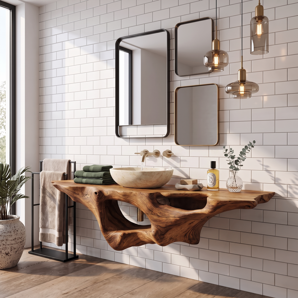 Farmhouse Solid Wood Bathroom Vanity Shelf with Waterproof Finish