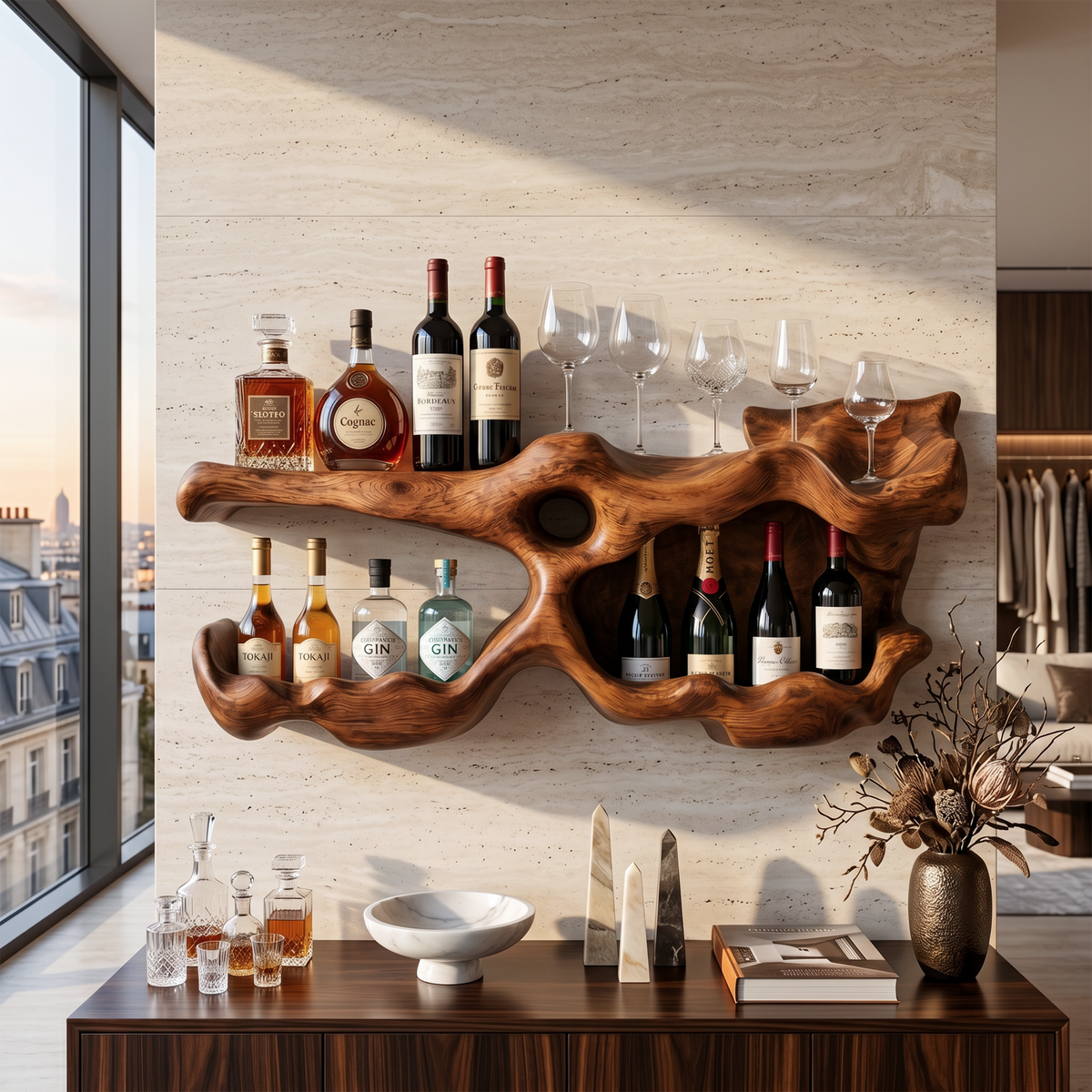 Wooden Wine Bottle Holder, Farmhouse Monkeypod Tabletop Wine Rack
