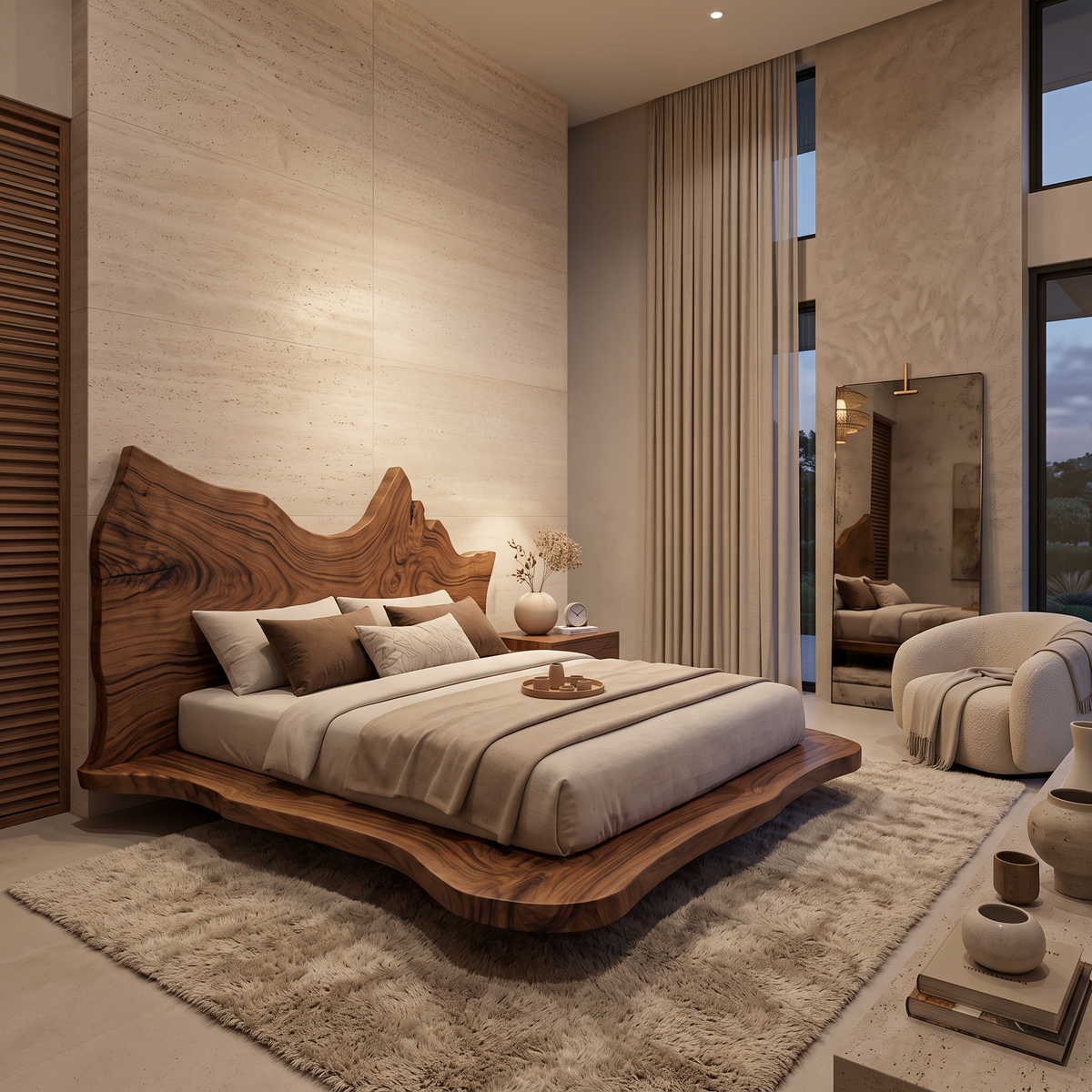 Layered Live Edge Platform Bed With Bold Headboard, EU Sizes