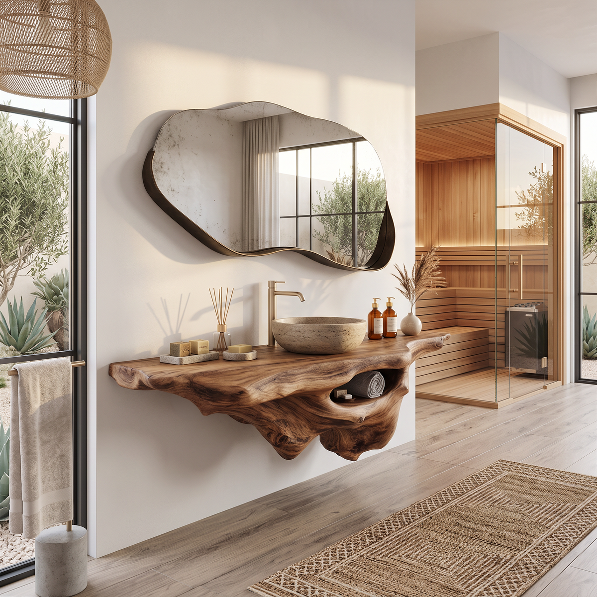 Solid Oak Live Edge Wall-Hung Bathroom Vanity Shelf, Farmhouse