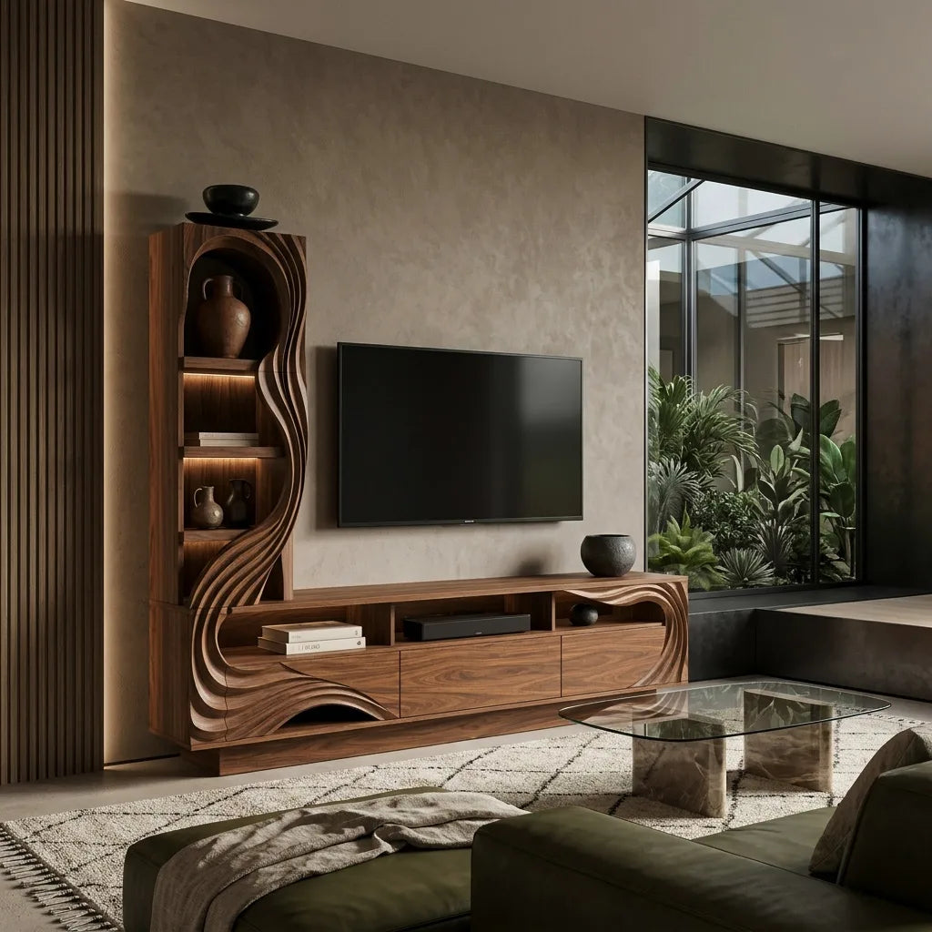 Modern Sculptural Wooden TV Console With Storage For Living Room