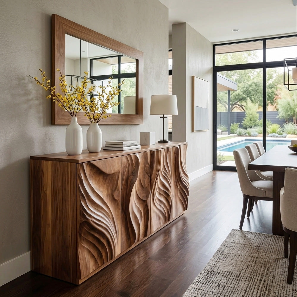 Sculpted Door Credenza, Mid Century Modern Solid Wood Sideboard