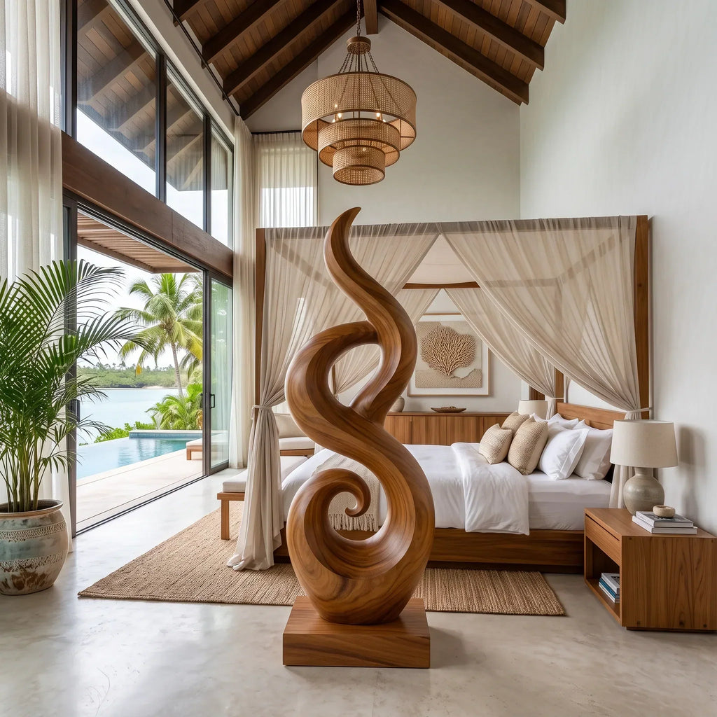 Open-Grain Carved Wood Floor Sculpture For Beach House Interiors