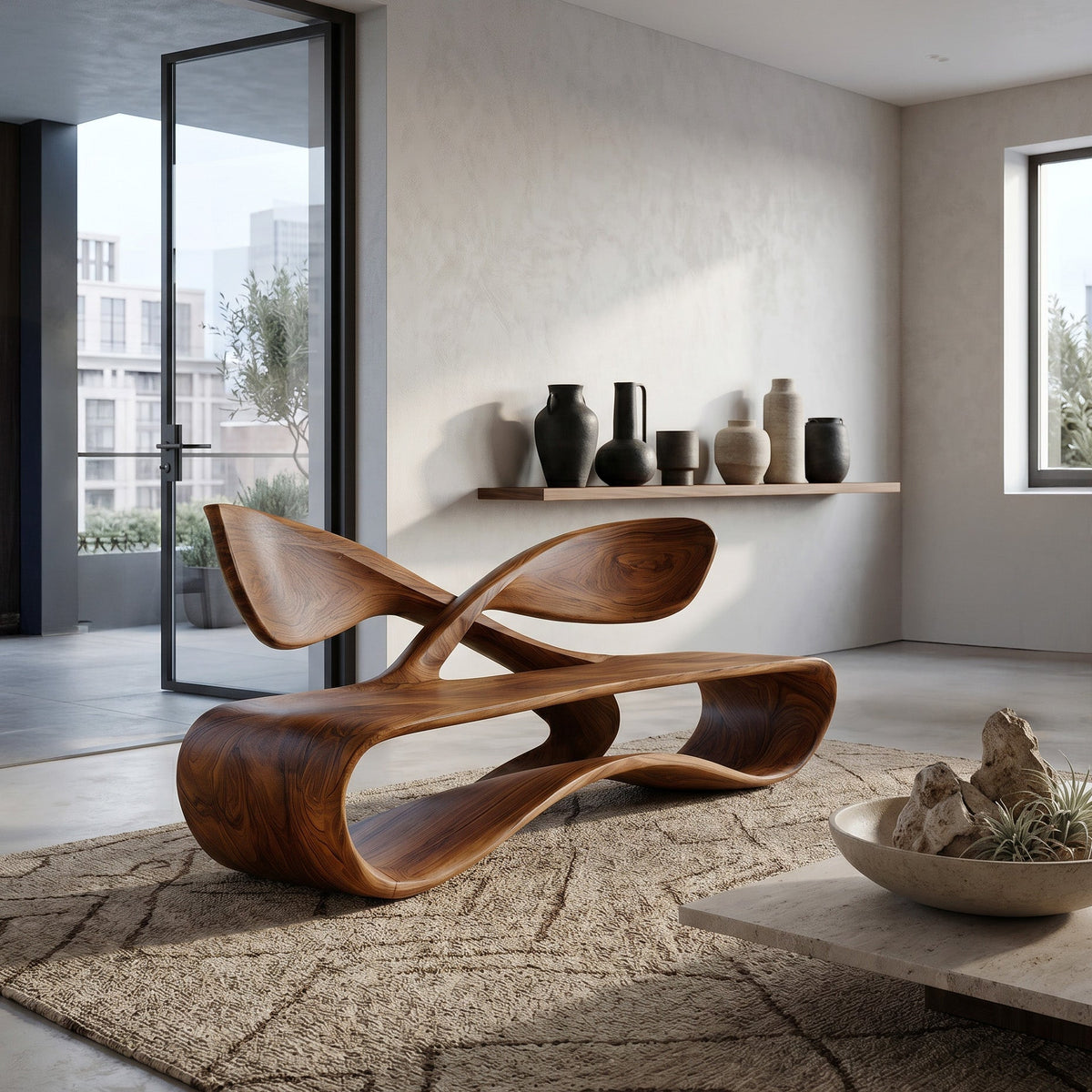 Curved Solid Wood Bench With Crossed Back Support For Living Rooms