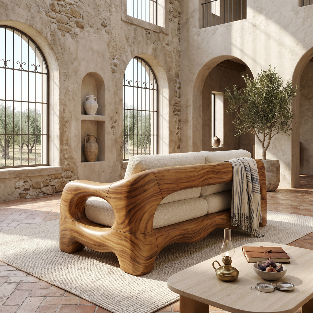Looped Frame Curved Wood Sofa For Modern Apartments