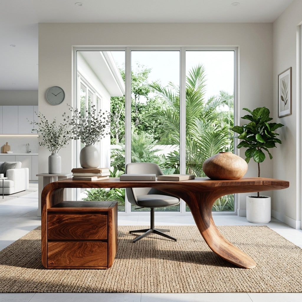 Modern Wooden Desk With Unique Curved Base For Workspace