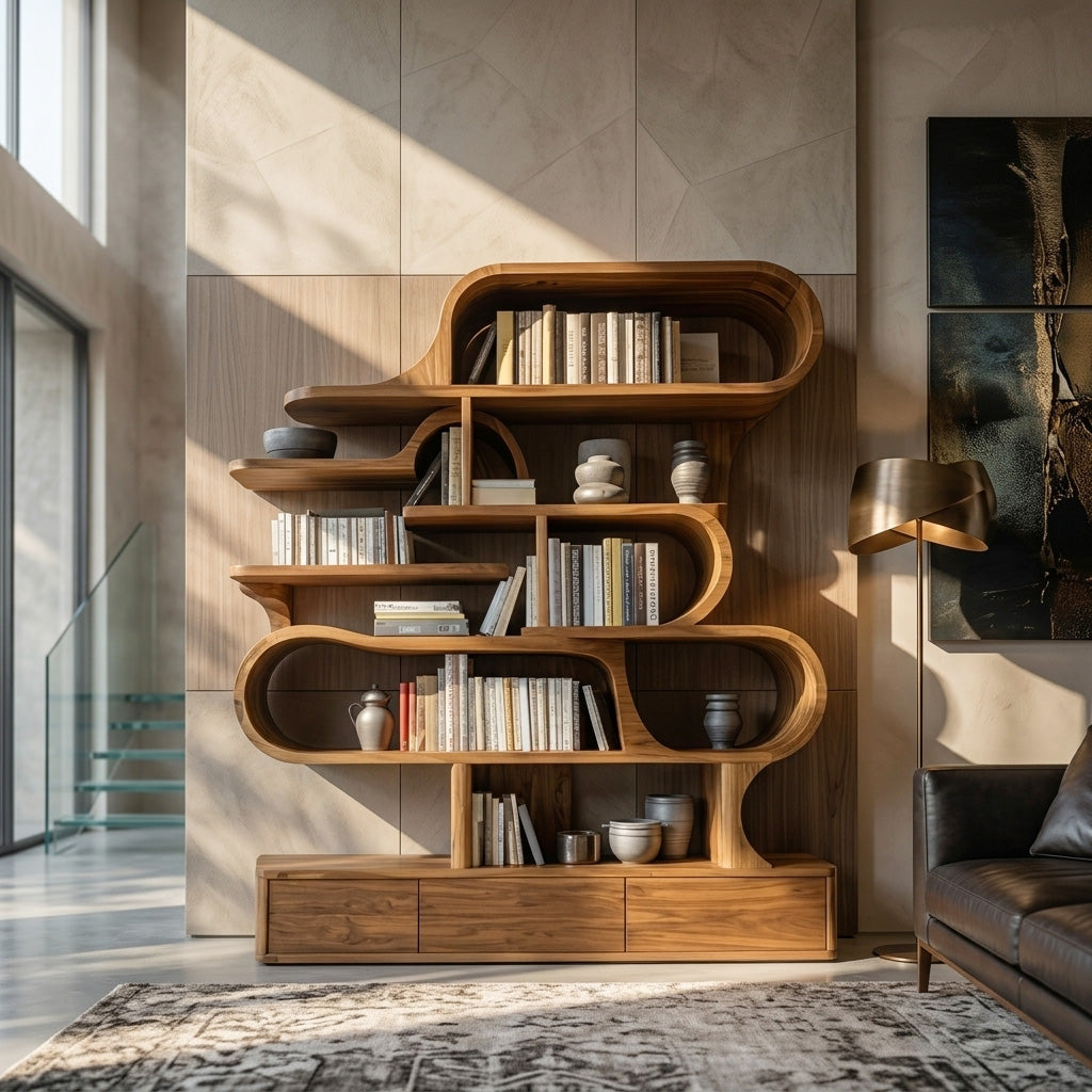 Layered Curve Wood Shelving Unit for Living Room, 59 to 79 in Tall