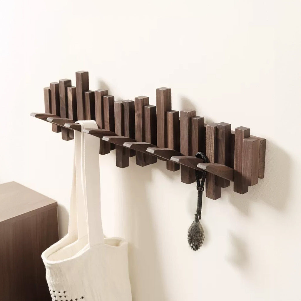 Piano Coat Hooks, Walnut or Oak Wall Rack for Coats & Keys