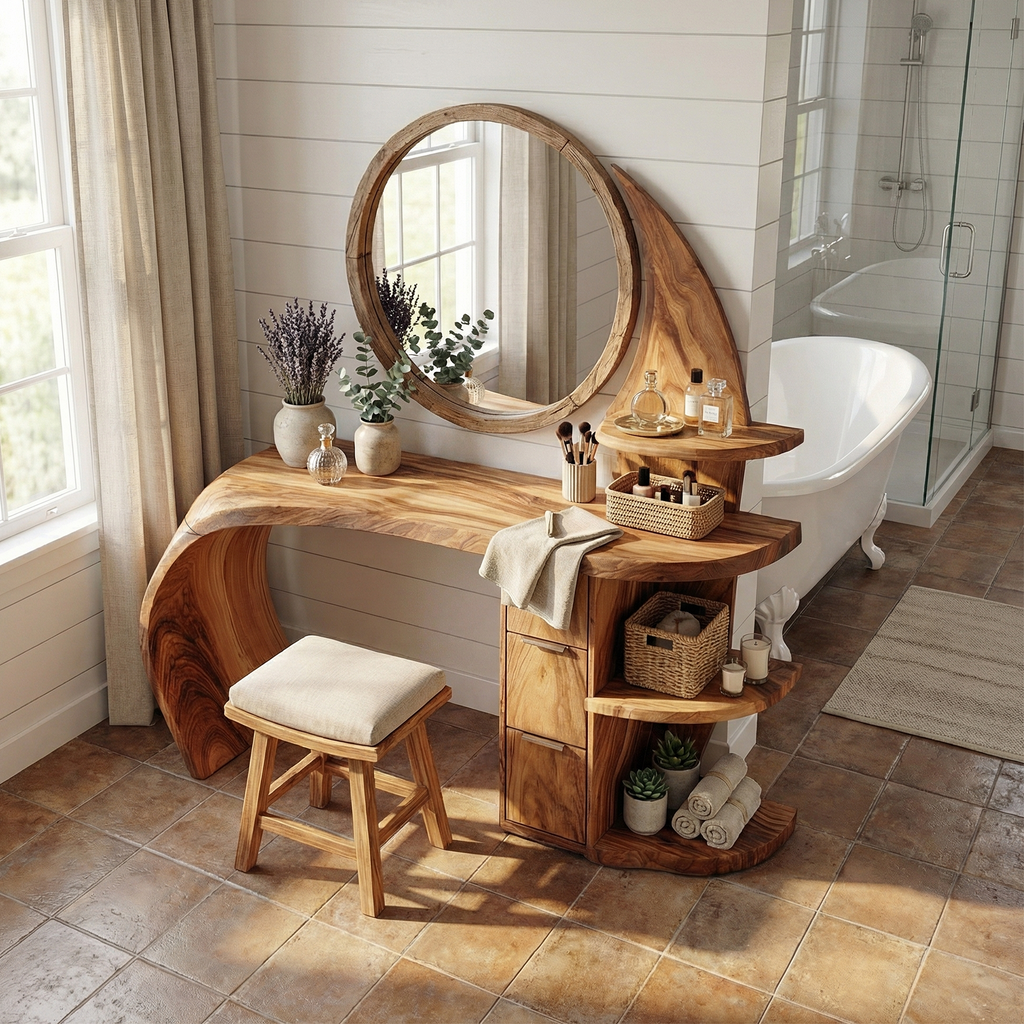 Makeup Vanity Desk, Classic Solid Wood Dressing Table with Shelves
