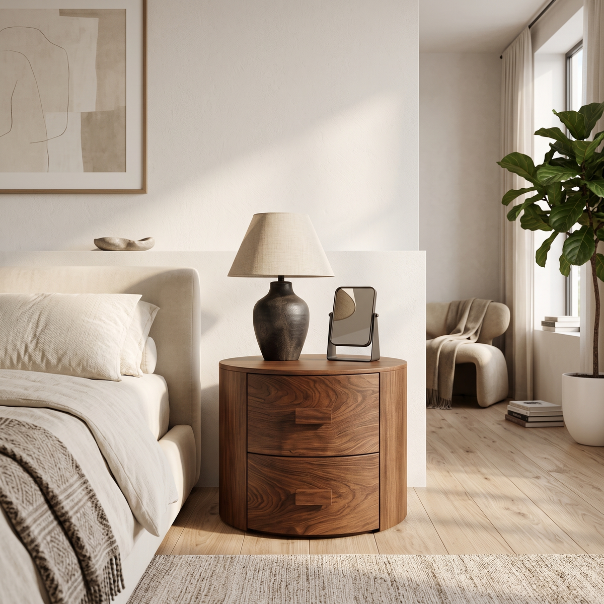 Modern Round Wooden Nightstand With 2 Drawers
