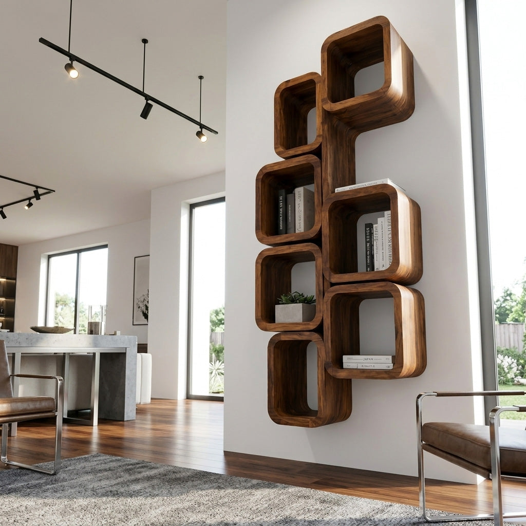 Geometric Interlocking Square Wall Shelf Unit in Wood, 55-79 in