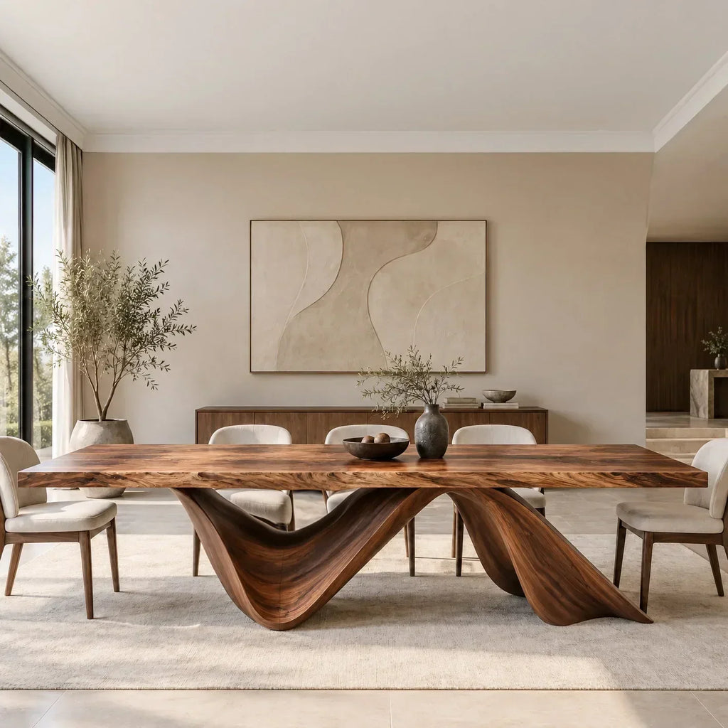 Luxury Natural Wood Dining Table Wave Base For Dining Room
