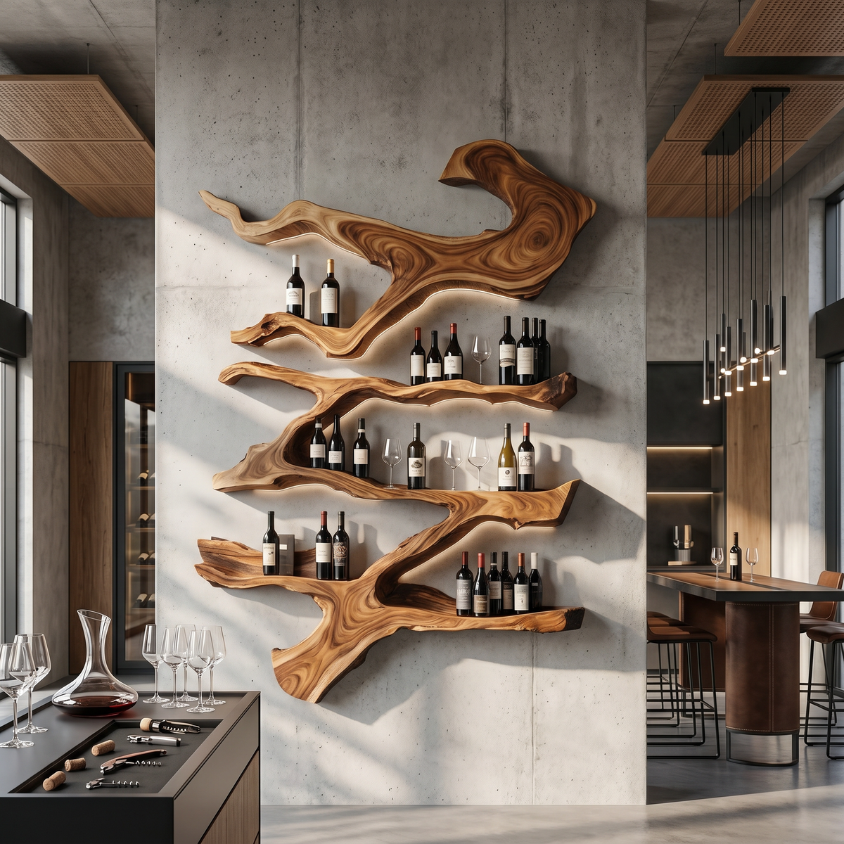 Tall Monkeypod Wall Wine Rack, 6 in Deep, 45 to 71 Inches High