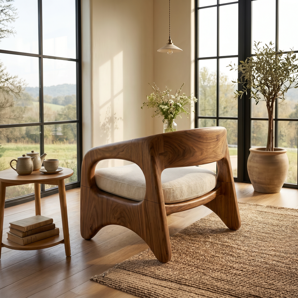 Soft Contour Wood Accent Chair For Coastal Living Rooms