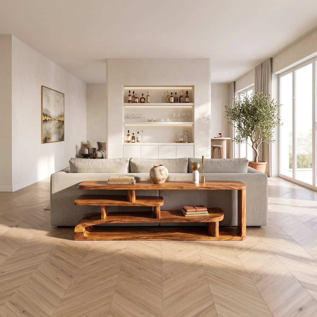 Long Shallow Layered Shelf Console For Narrow Hallways