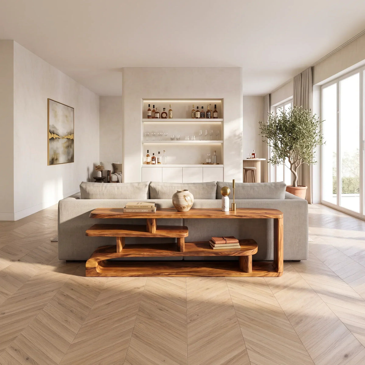 Long Shallow Layered Shelf Console For Narrow Hallways