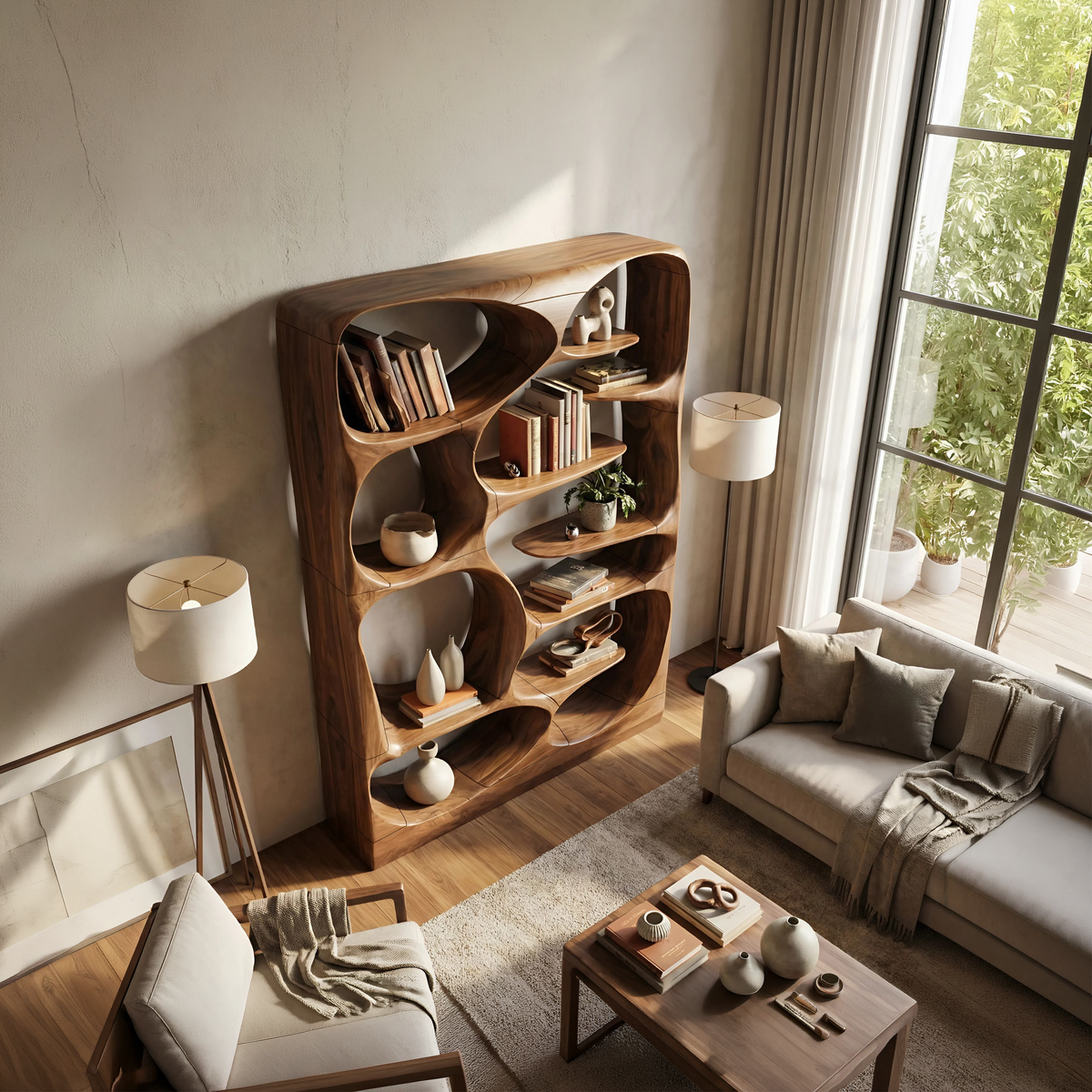 Modern Sculptural Wood Bookshelf