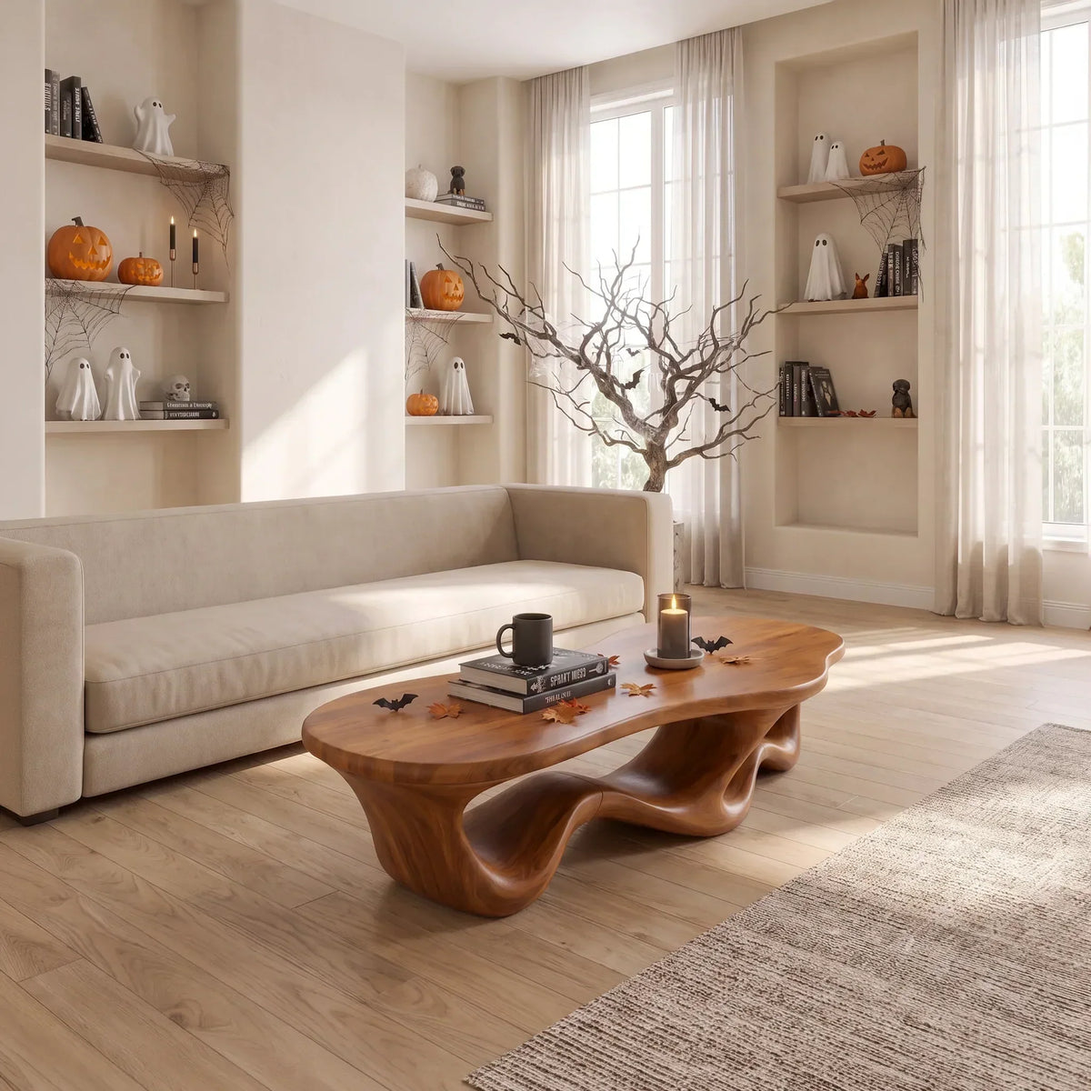 Ribbon Base Sculpted Wood Coffee Table For Modern Lounges