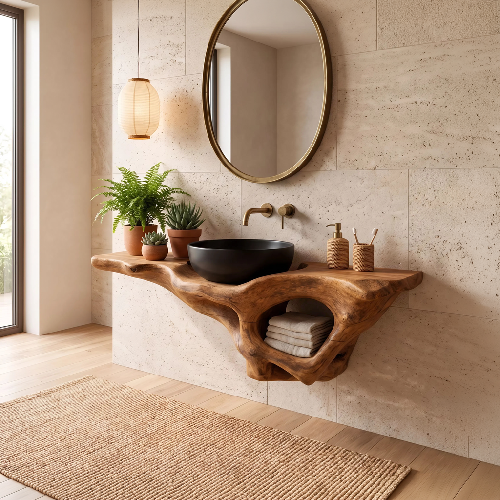 Mid-Century Live Edge Solid Wood Bathroom Vanity Shelf
