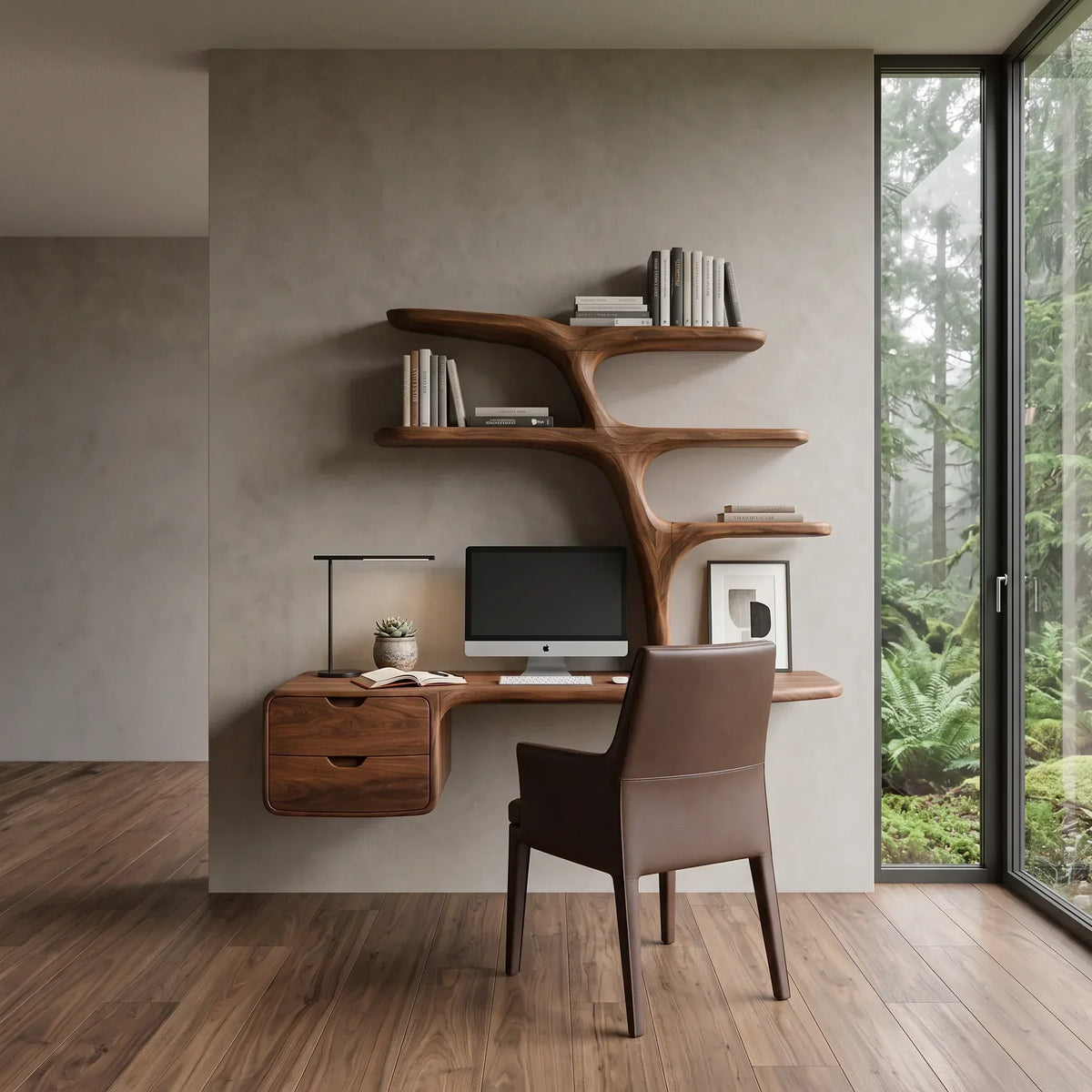 Contemporary Floating Desk Tree Form Bookshelf And Drawer For