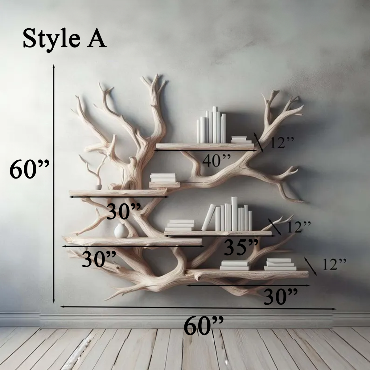 Driftwood Tree Wall Shelf Behind Desk, Natural Finish, 50 to 70 Inch