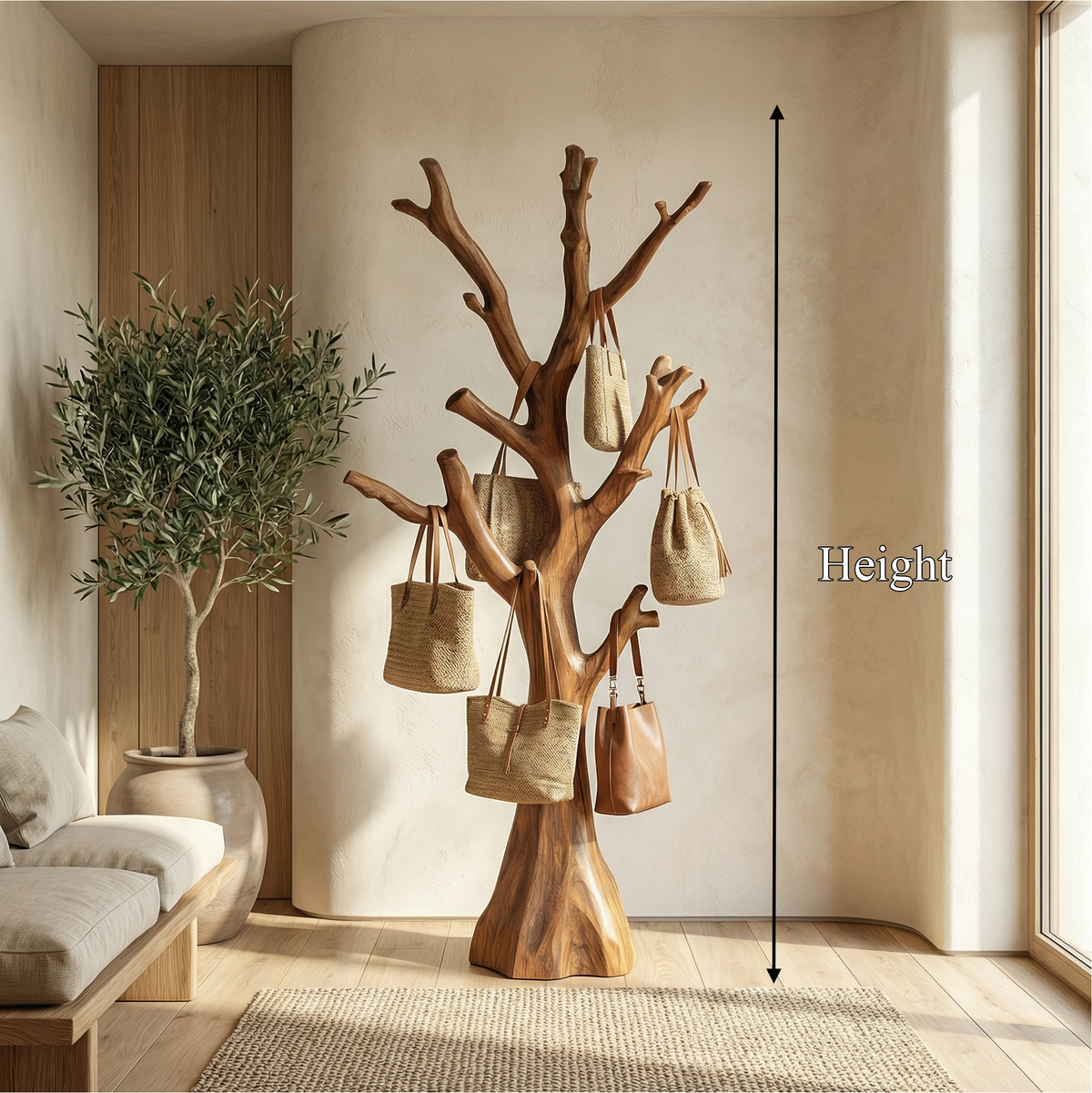 Tree Coat Rack Stand, Hand-Carved Rustic Wood Branch Hall Tree