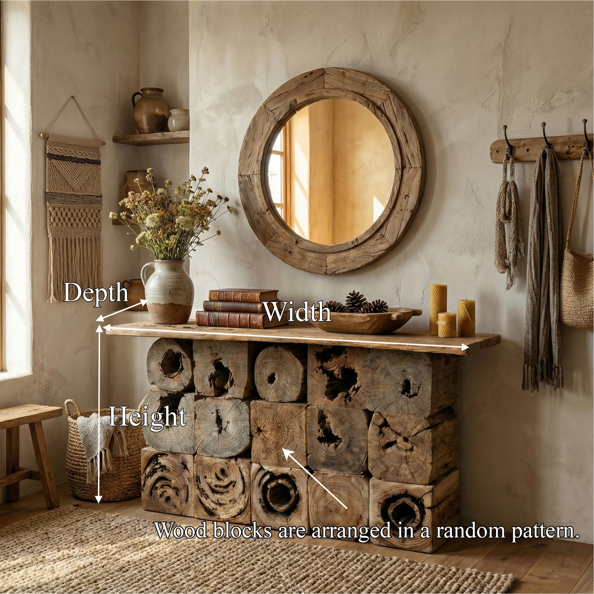 Log Console Table, Rustic Natural Wood Round Mosaic Entryway Table