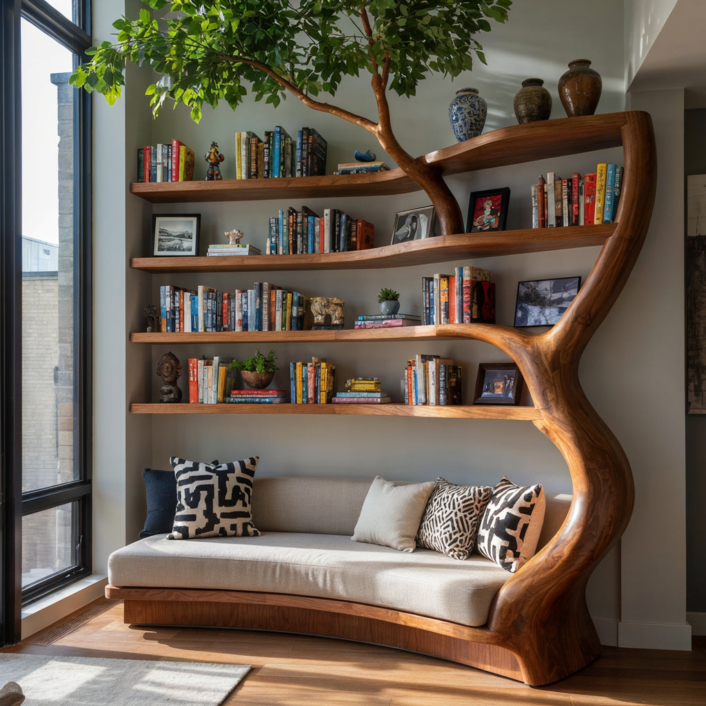 Authentic Hand-Carved Solid Wood Tree Bookshelf Daybed