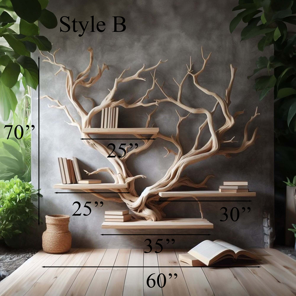 Rustic Driftwood Tree Wall Bookshelf for Home Office