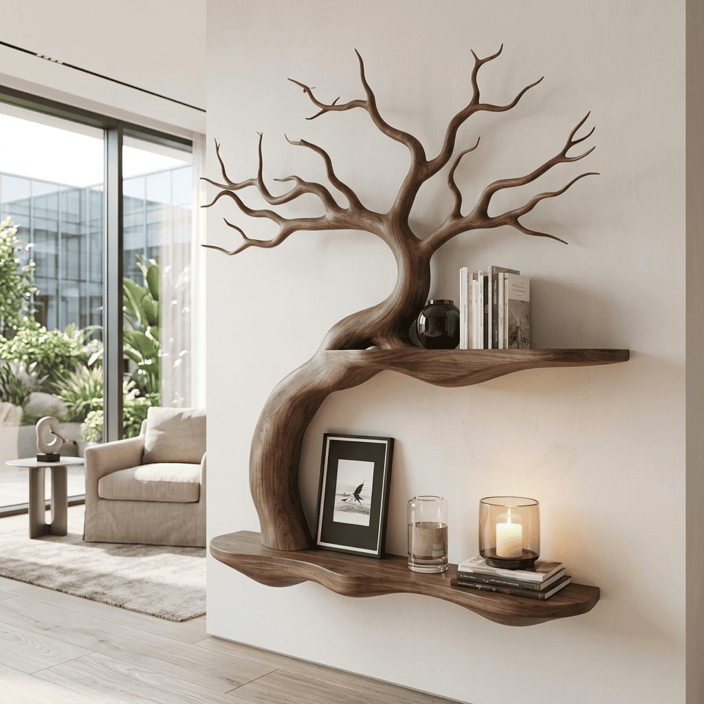 Biophilic Sculptural Solid Wood Bonsai Tree Wall Shelf