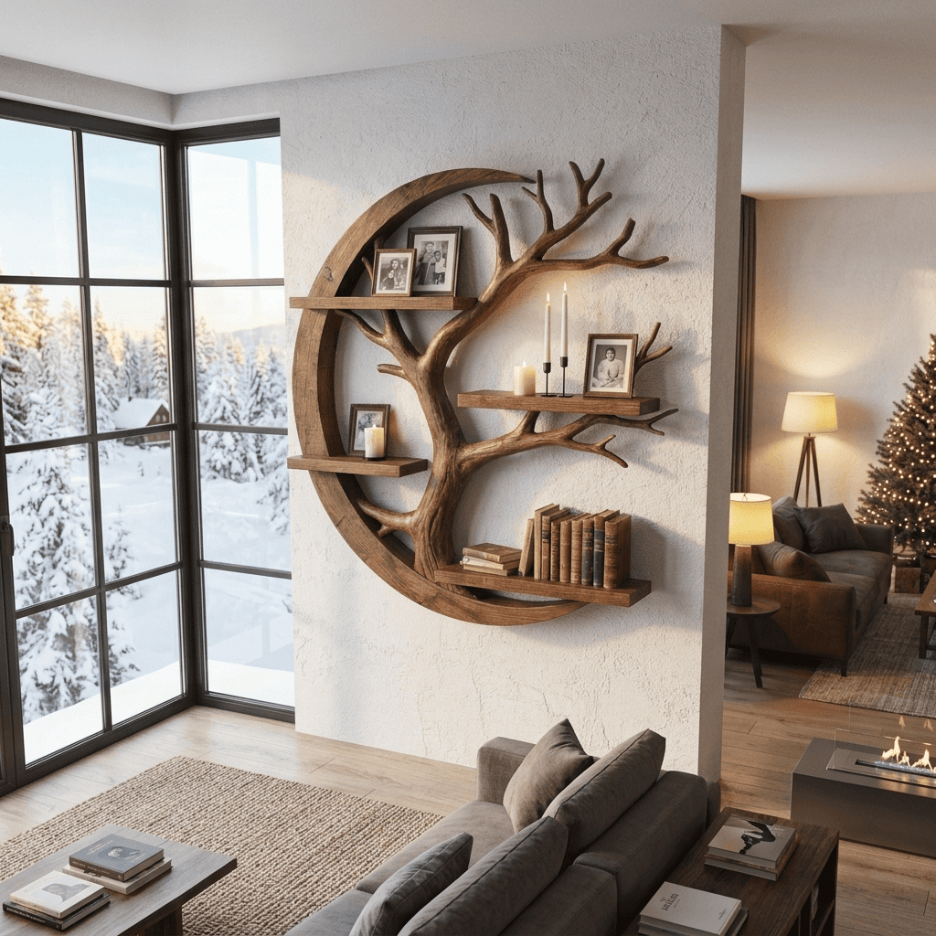 Biophilic Sculptural Solid Wood Crescent Moon Tree Wall Shelf
