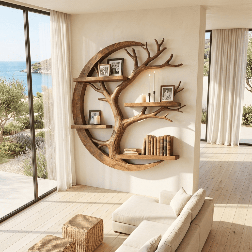 Biophilic Sculptural Solid Wood Crescent Moon Tree Wall Shelf