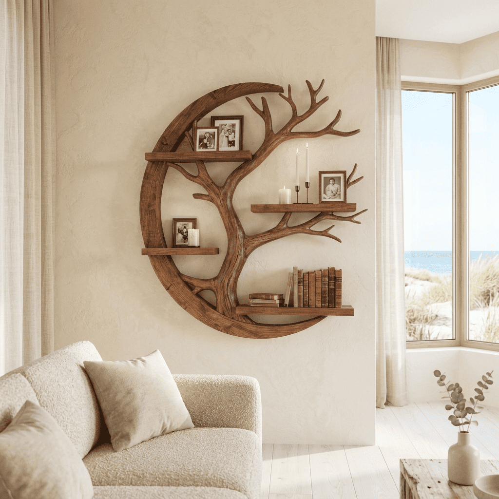 Biophilic Sculptural Solid Wood Crescent Moon Tree Wall Shelf