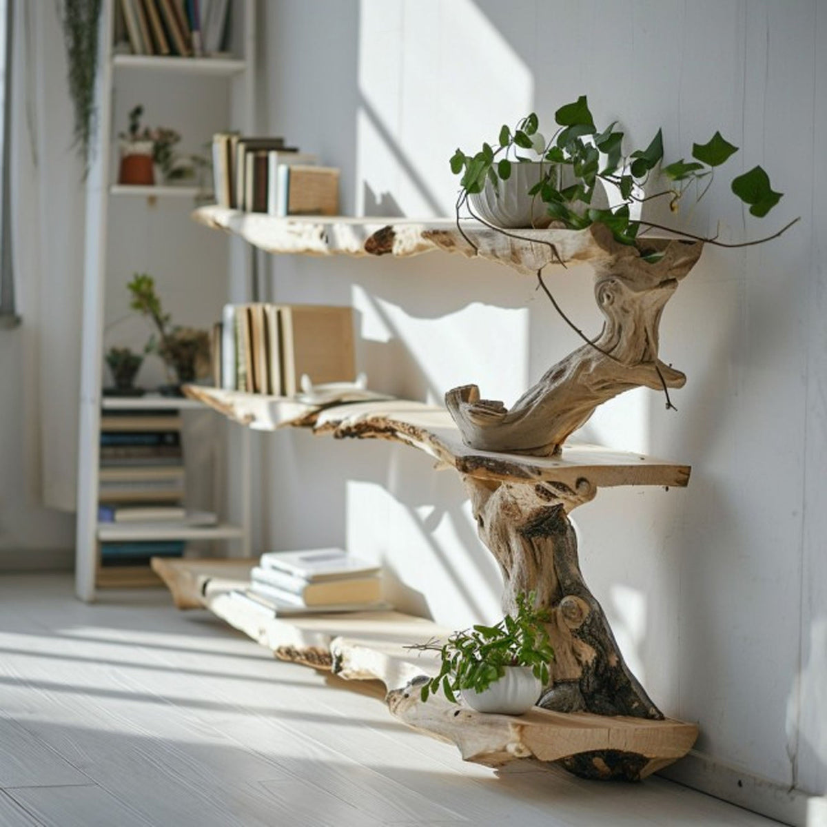 Farmhouse Tree Branch Standing Corner Shelf with Live Edge Tiers