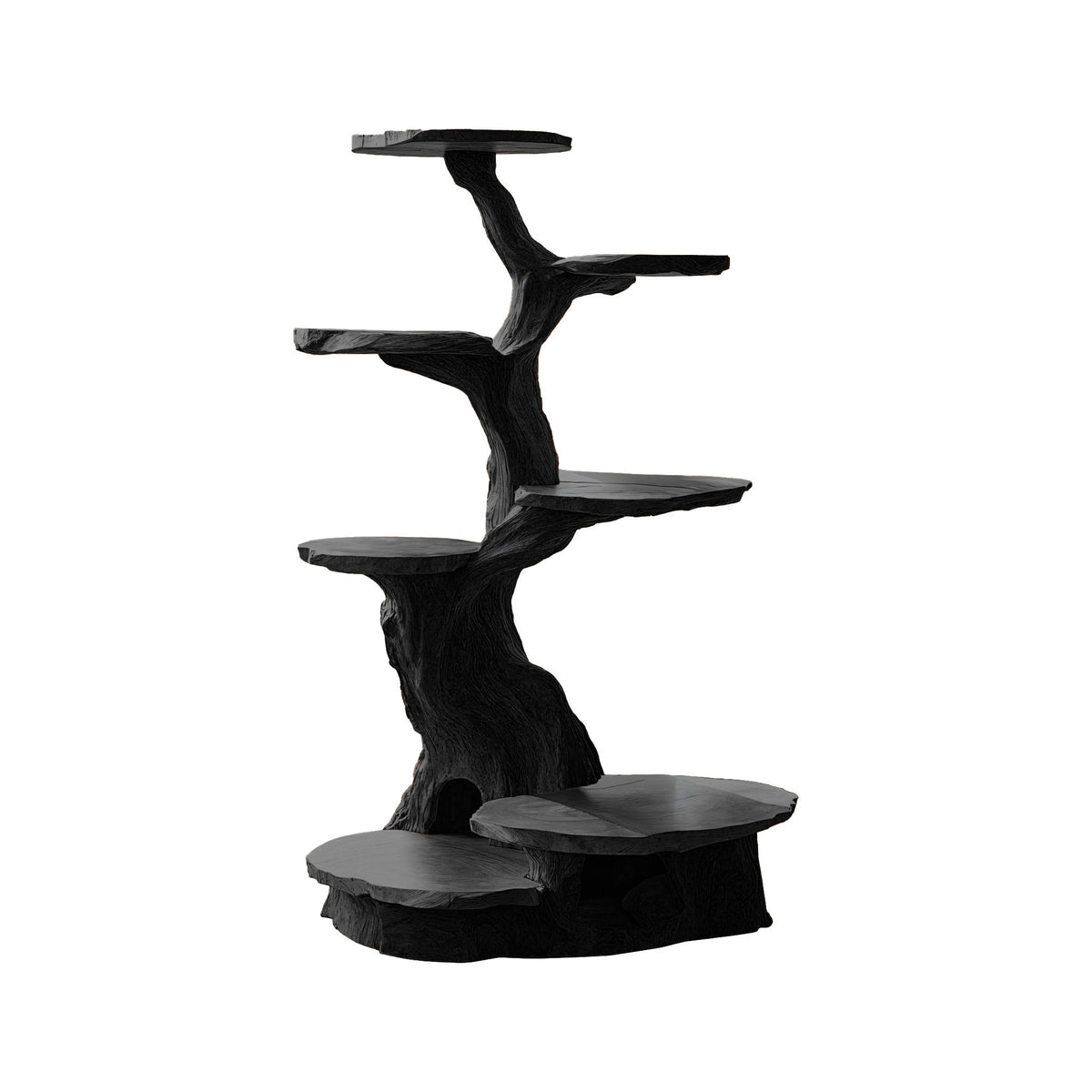 Branched Sculpted Solid Wood Cat Tree Shelf, Freestanding in Black finish