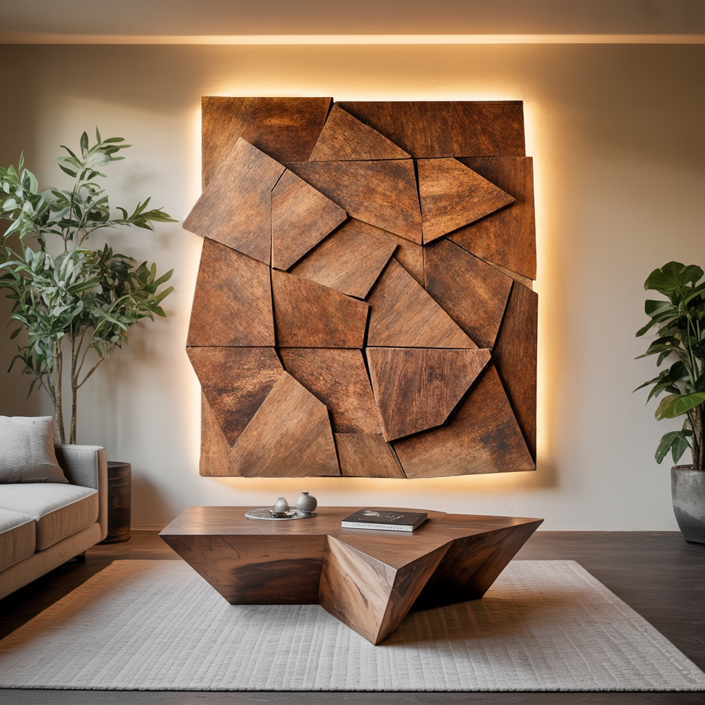 Abstract Faceted Wood Panel Wall Art, 55 in Wide, 39 to 71 in Tall