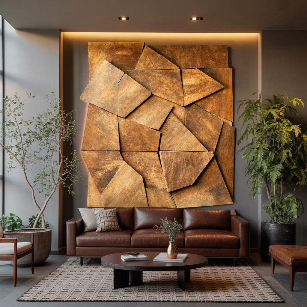 Abstract Faceted Wood Panel Wall Art, 55 in Wide, 39 to 71 in Tall
