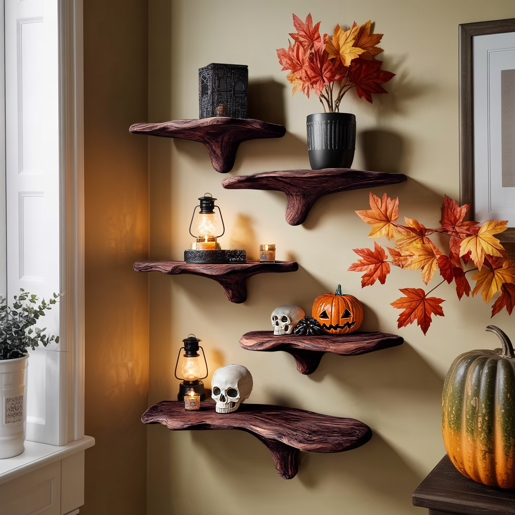 Mushroom Cap Live Edge Wood Wall Shelf for Plants and Fall Decor