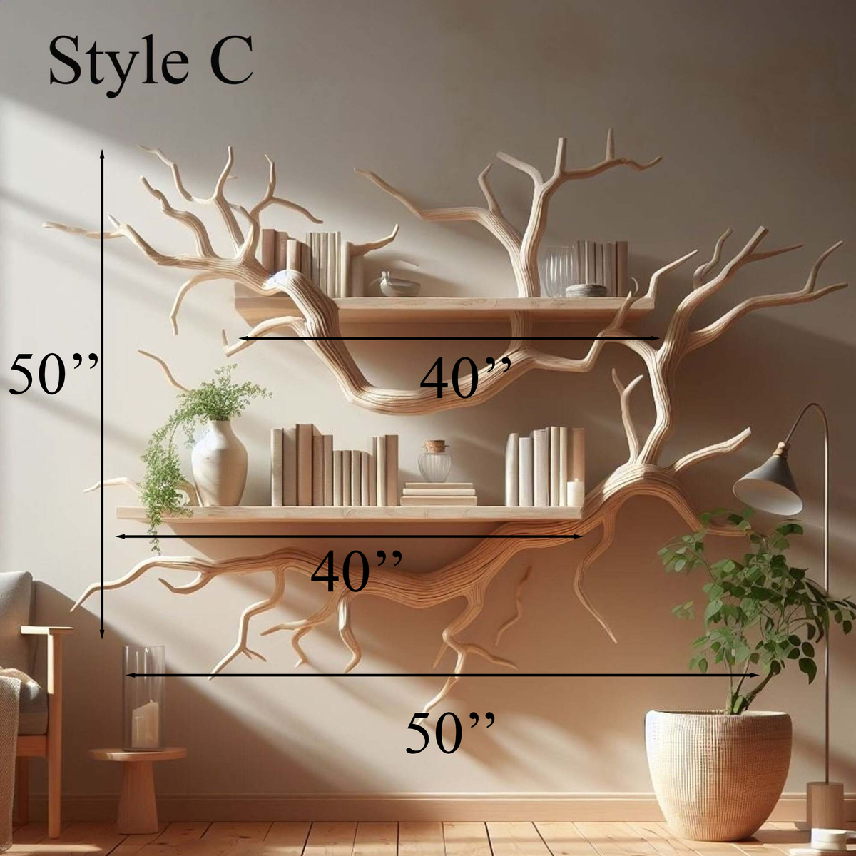 Rustic Driftwood Tree Wall Bookshelf for Home Office