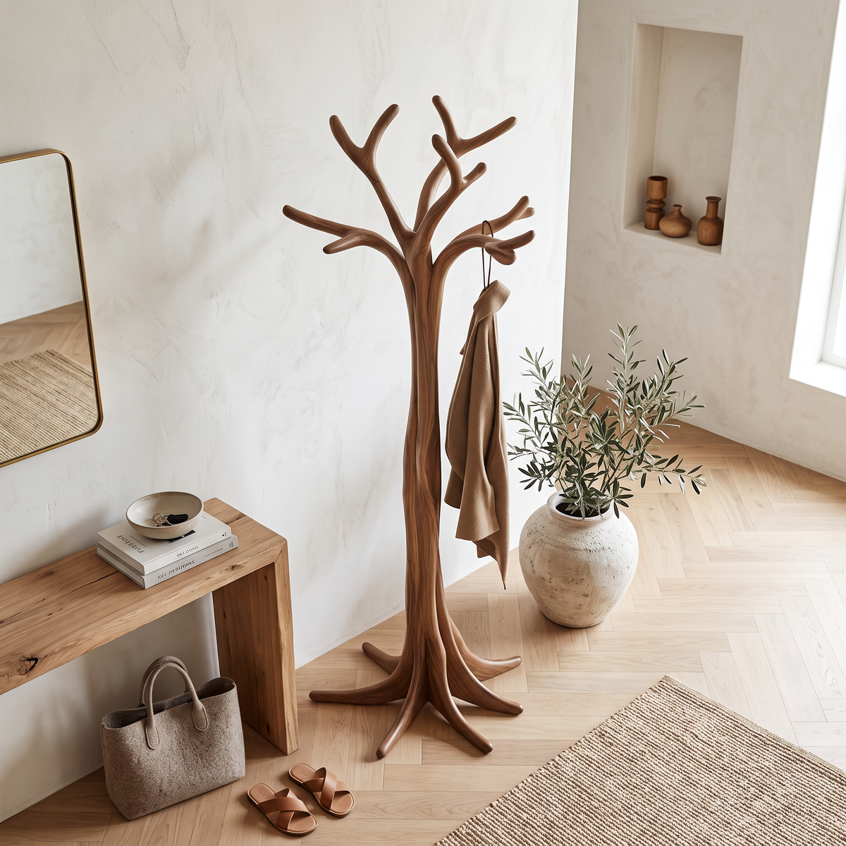Tree Branch Standing Coat Hanger in Solid Wood, Tripod Base 60-80 in