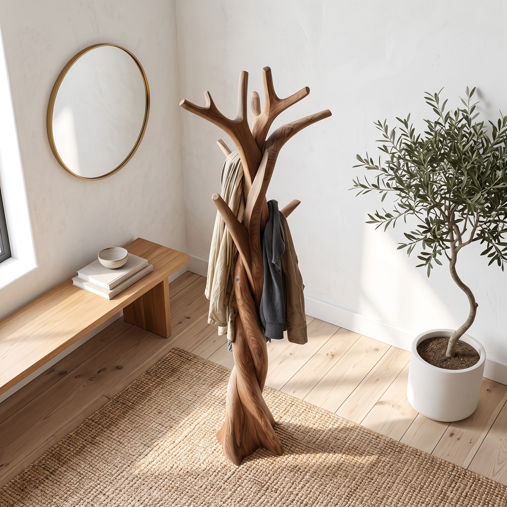 Spiral Trunk Wood Hall Tree with Branch Hooks, 60 to 80 in Tall
