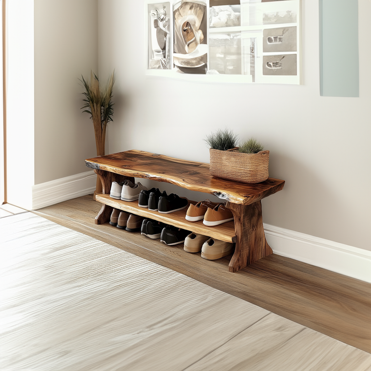 Farmhouse Solid Wood Entryway Shoe Bench with Live Edges
