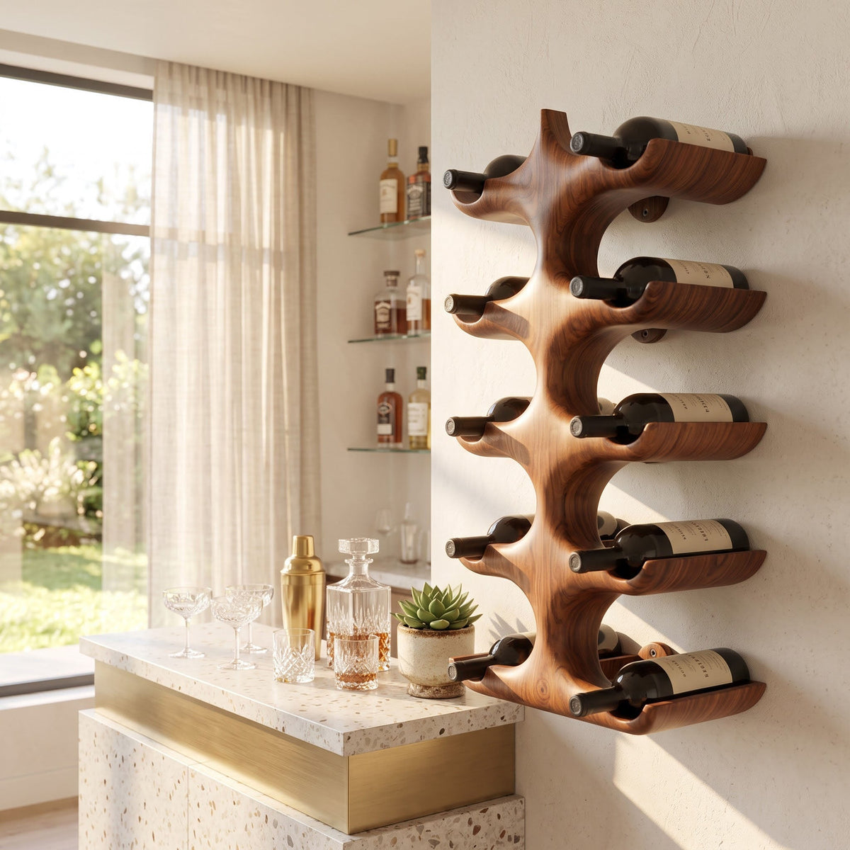 Hand Carved Sculptural Solid Wood Wall Mounted Wine Rack Organic Minimalist Bottle Display
