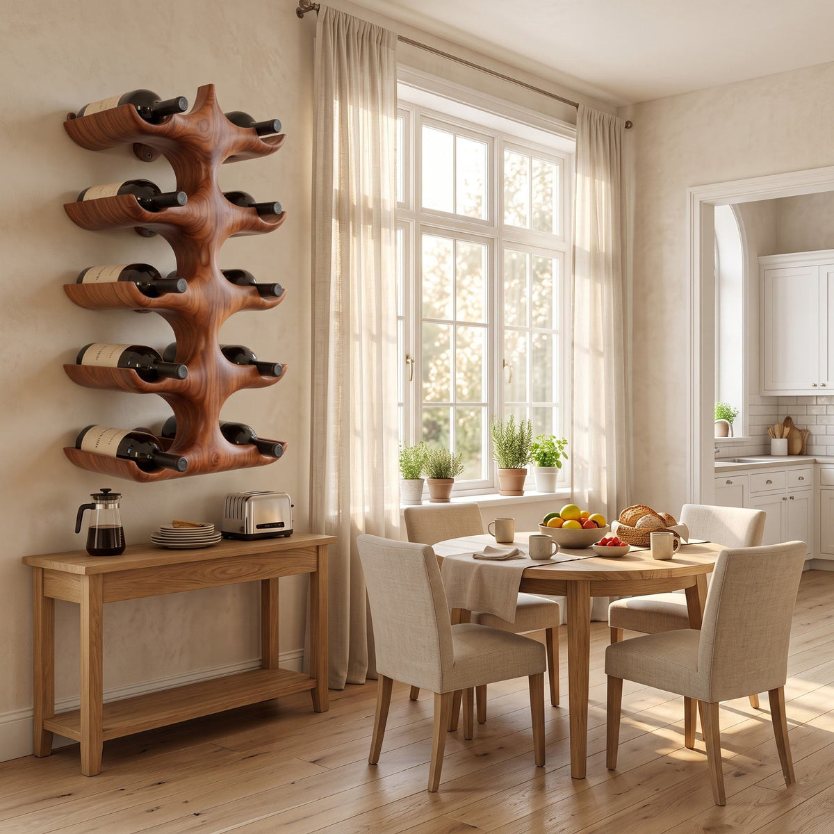 Hand Carved Sculptural Solid Wood Wall Mounted Wine Rack Organic Minimalist Bottle Display